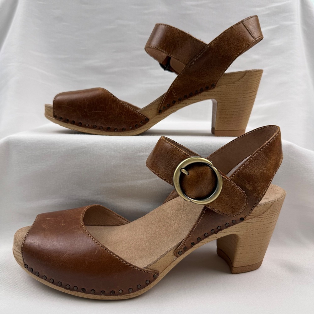 Dansko Tamra Tan Leather Clog Sandals Ankle Strap Block Heel 41 US 10.5-11 NWOT